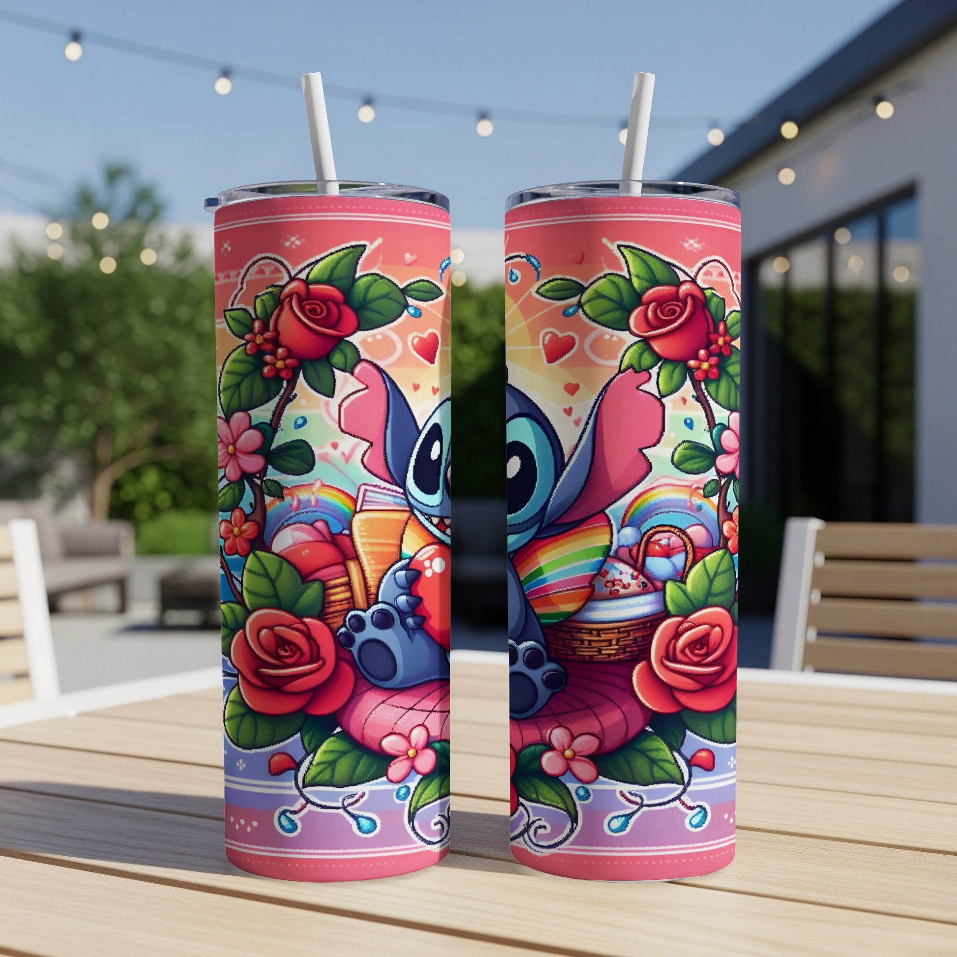 Two tall tumblers with Stitch surrounded by Easter eggs and roses.