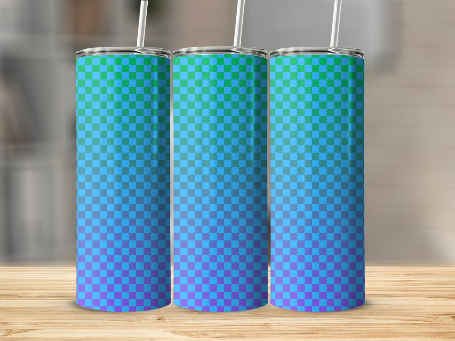 Three tumblers with a blue and green checkered gradient pattern.