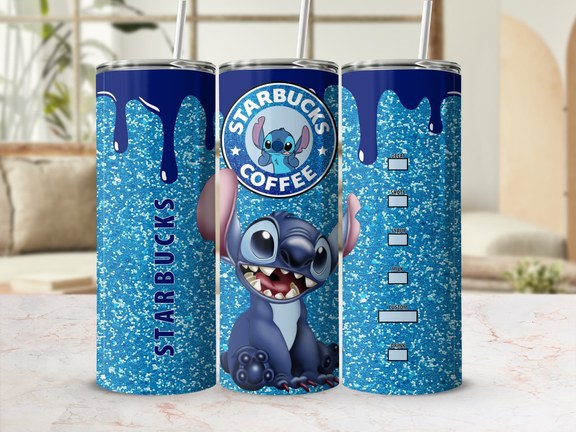 Starbucks Stitch Blue Sparkle Design Tumbler Cup
