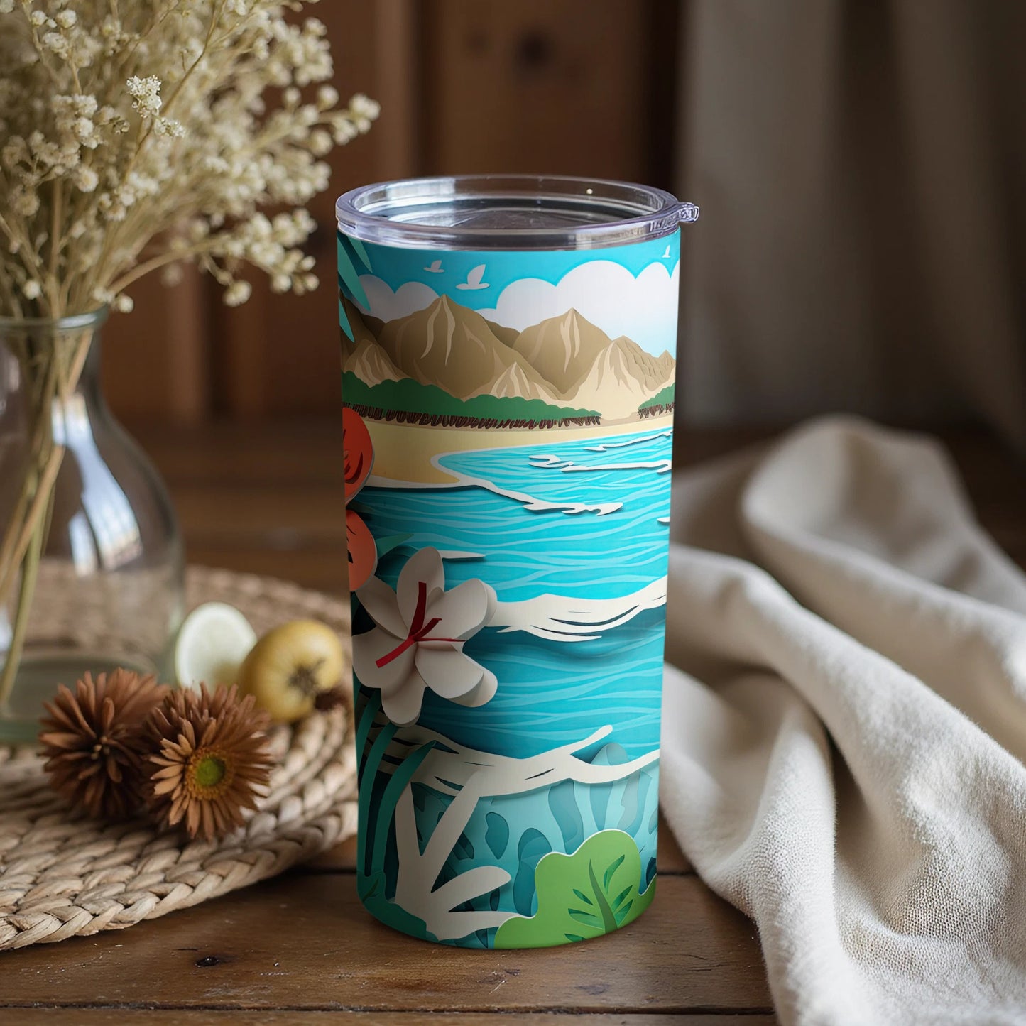 Scenic Beach Floral Art Tumbler with Lid