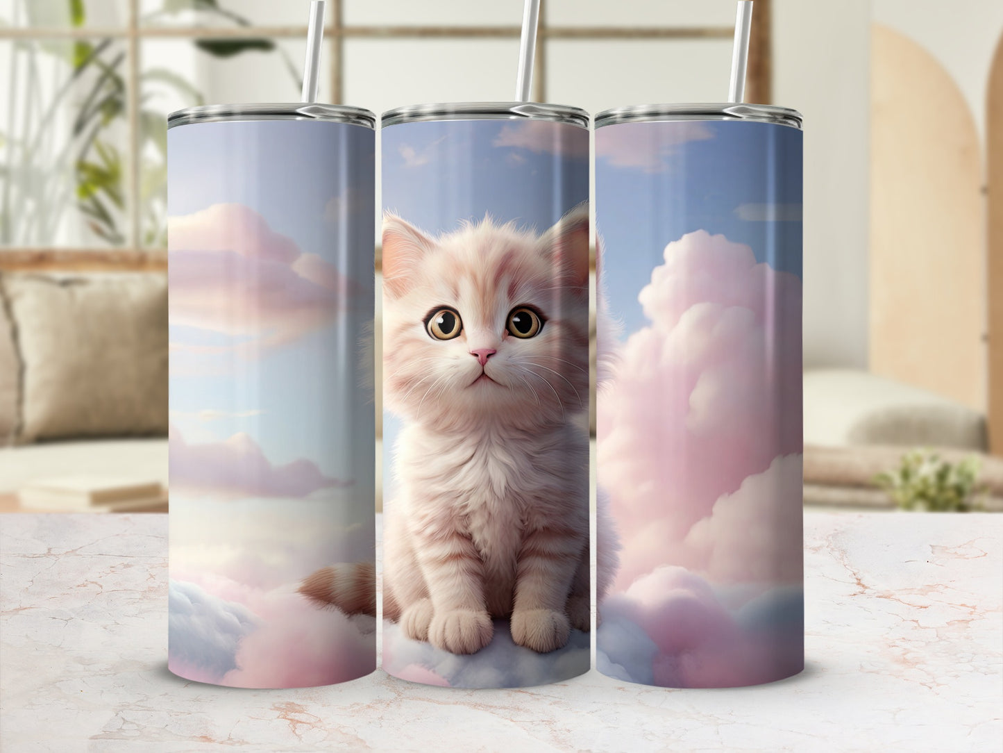 Fluffy kitten sitting on pink clouds with straw.