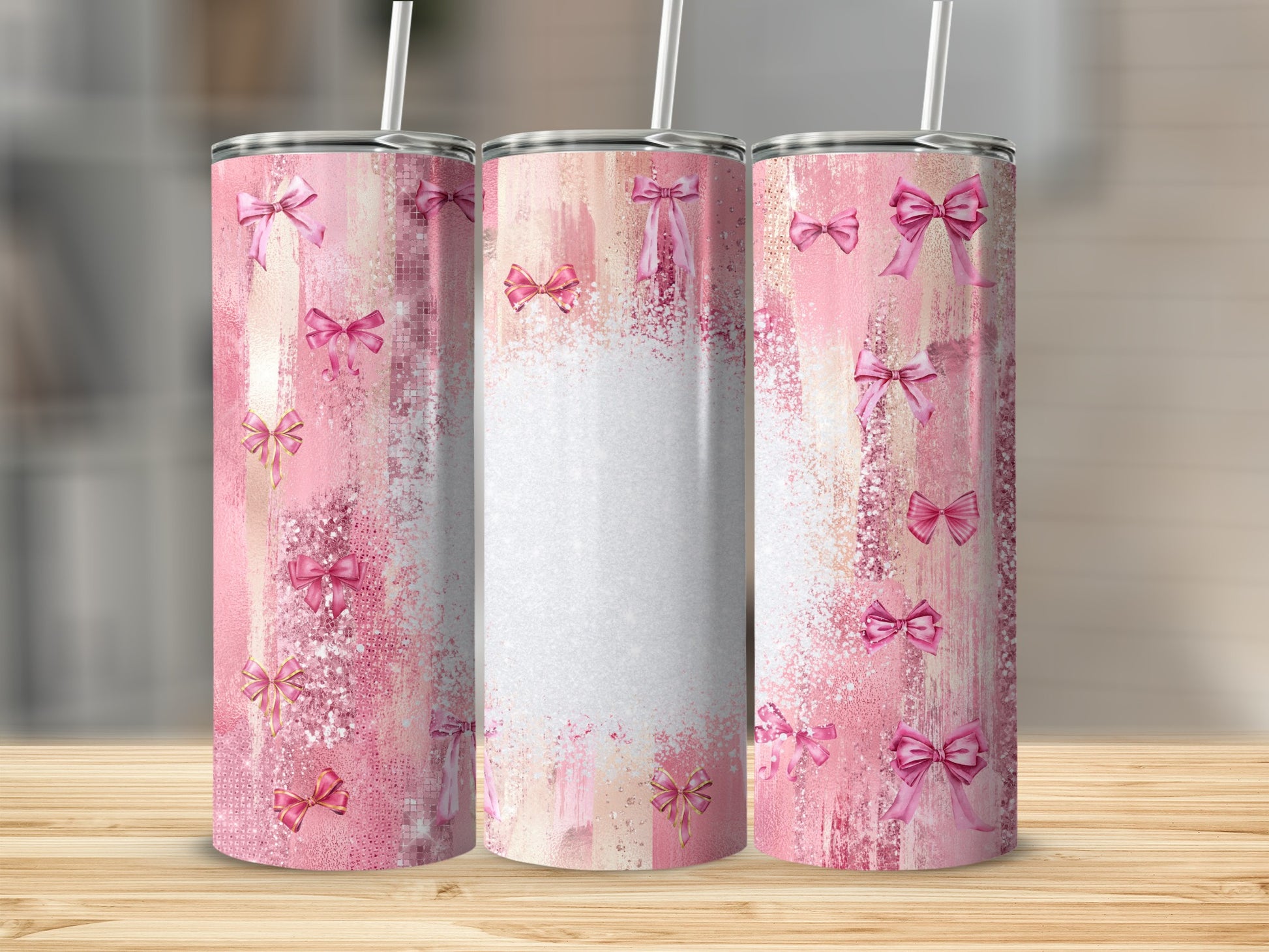 Pink glittery bows and abstract brushstrokes on a tumbler.