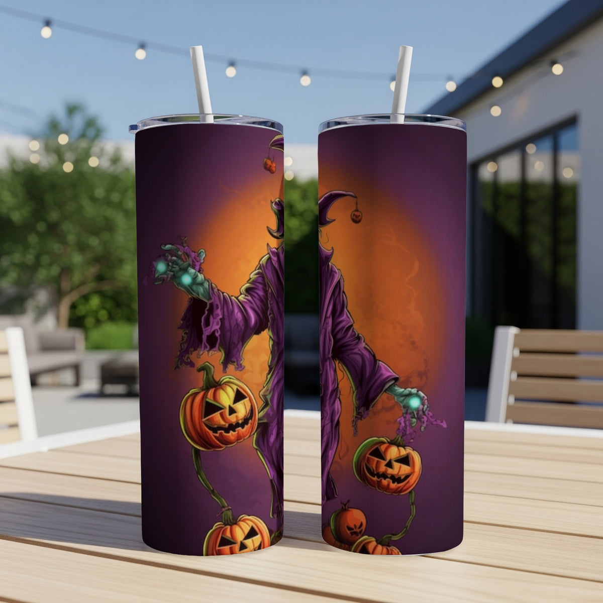 Halloween tumbler with a purple cloak figure holding glowing orbs and pumpkins.
