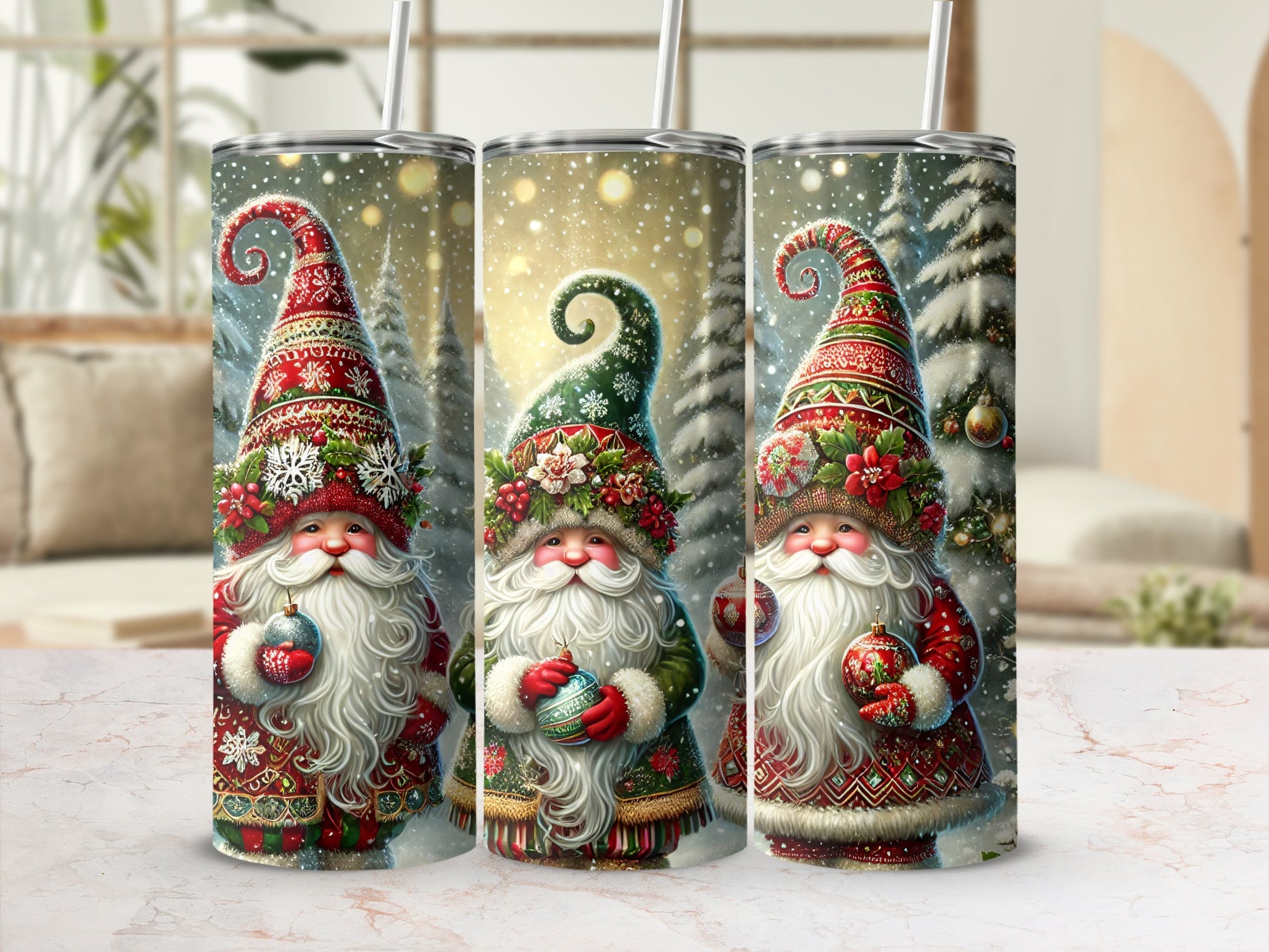 Three festive gnomes in winter hats hold ornaments, surrounded by snow.