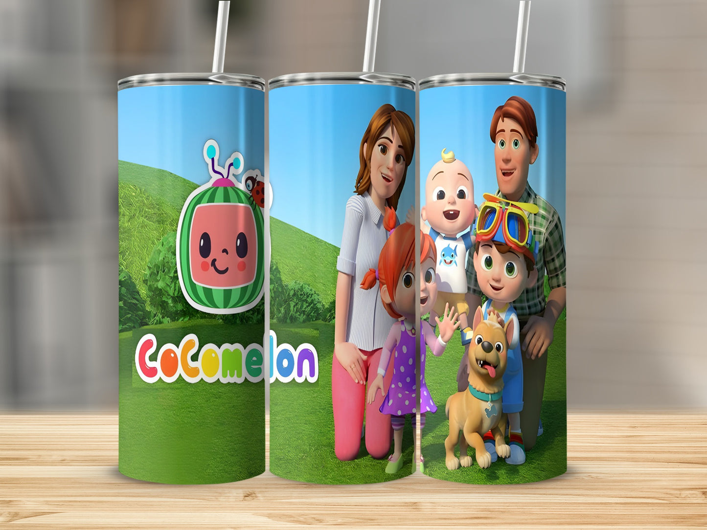 Cocomelon characters JJ, family, and dog on a green grassy background.