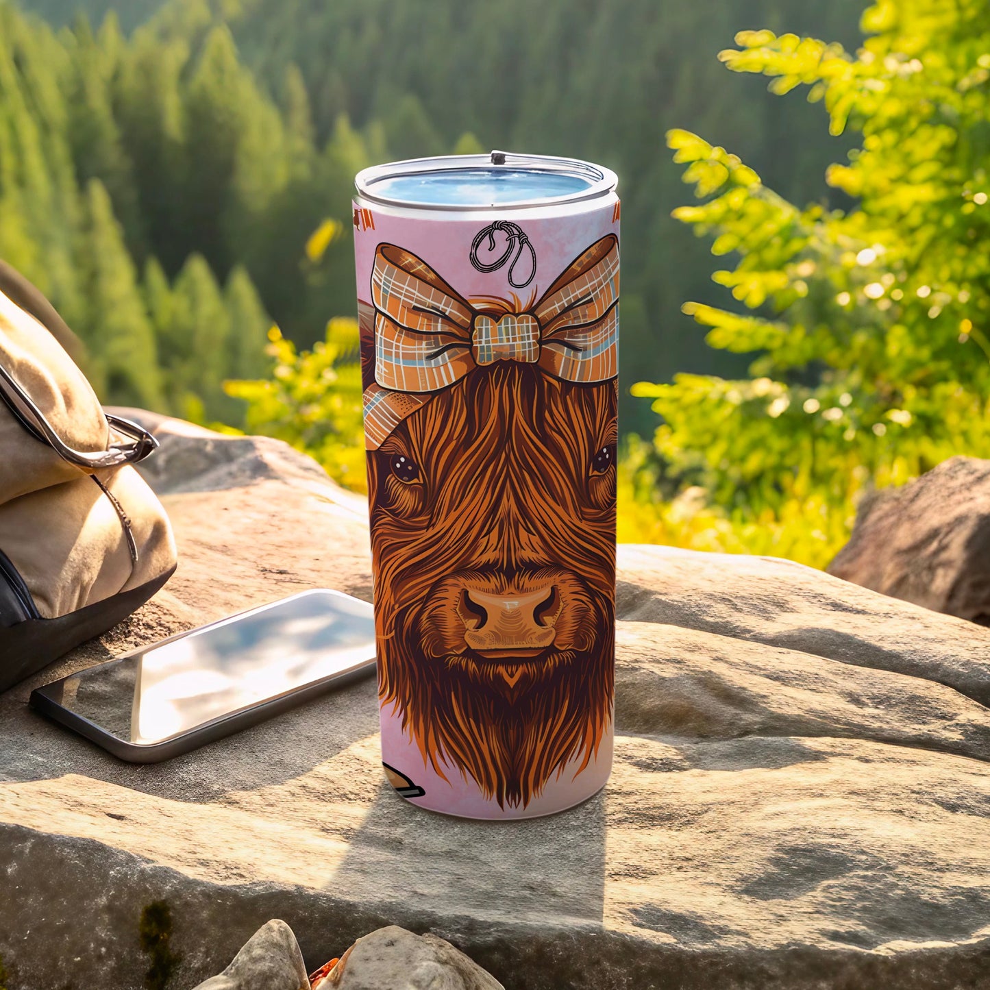 Highland Cow with Plaid Bow Travel Tumbler