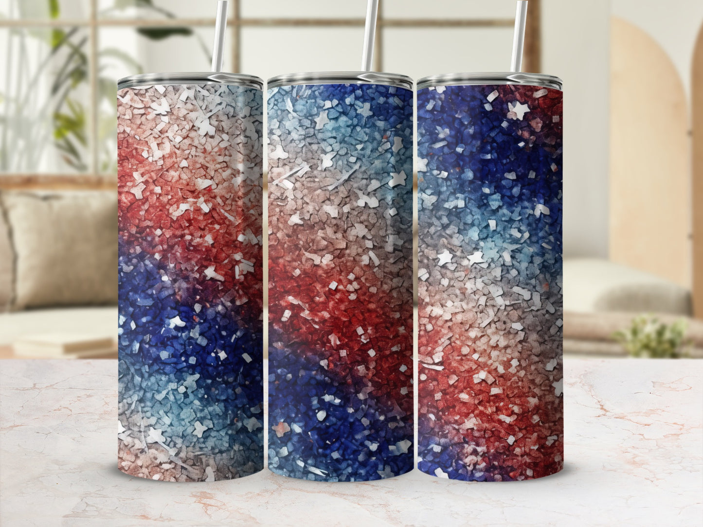 Three tumblers with a red, white, and blue speckled patriotic design.