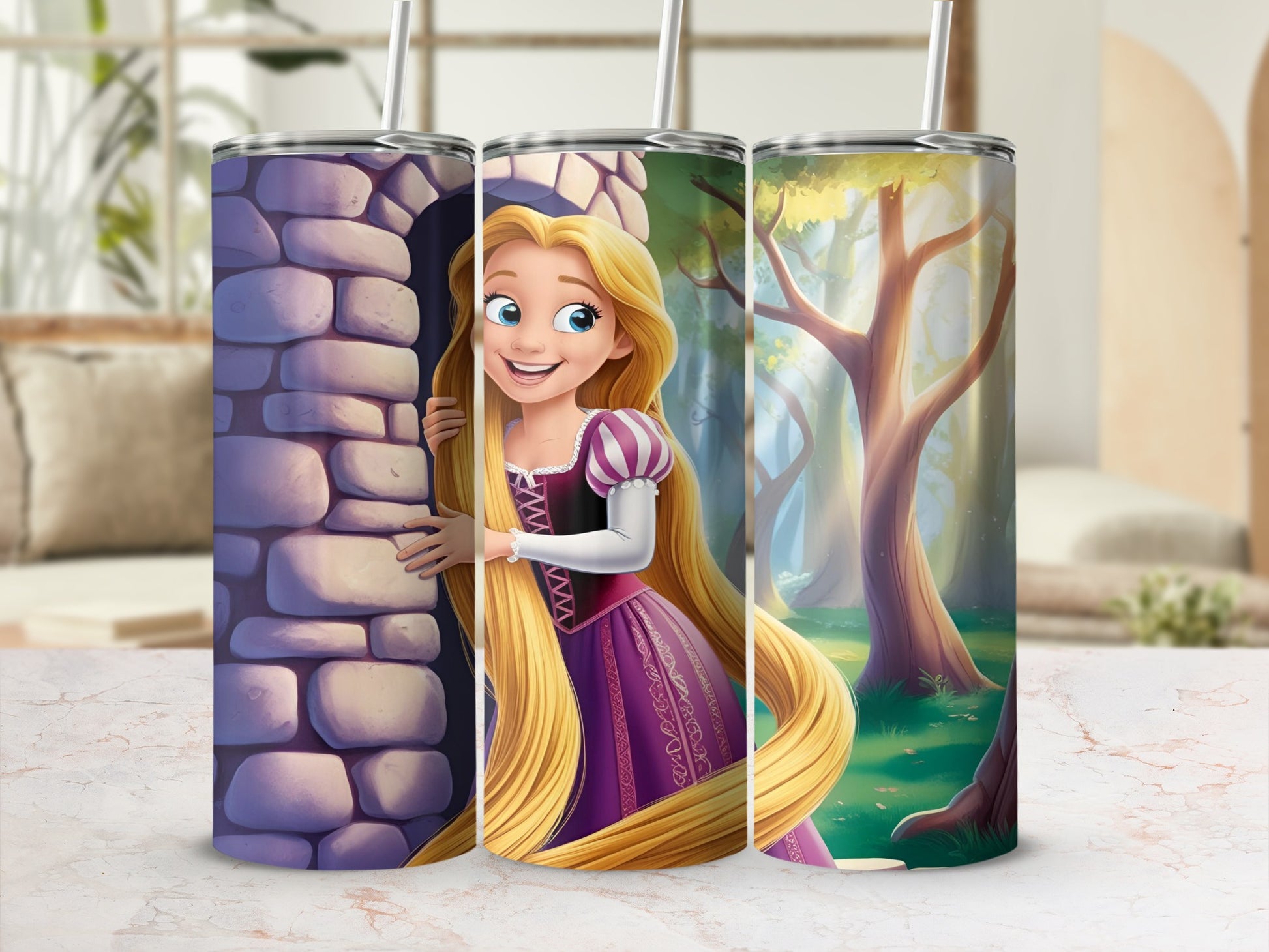 Rapunzel peeking around a stone tower in a forest setting.