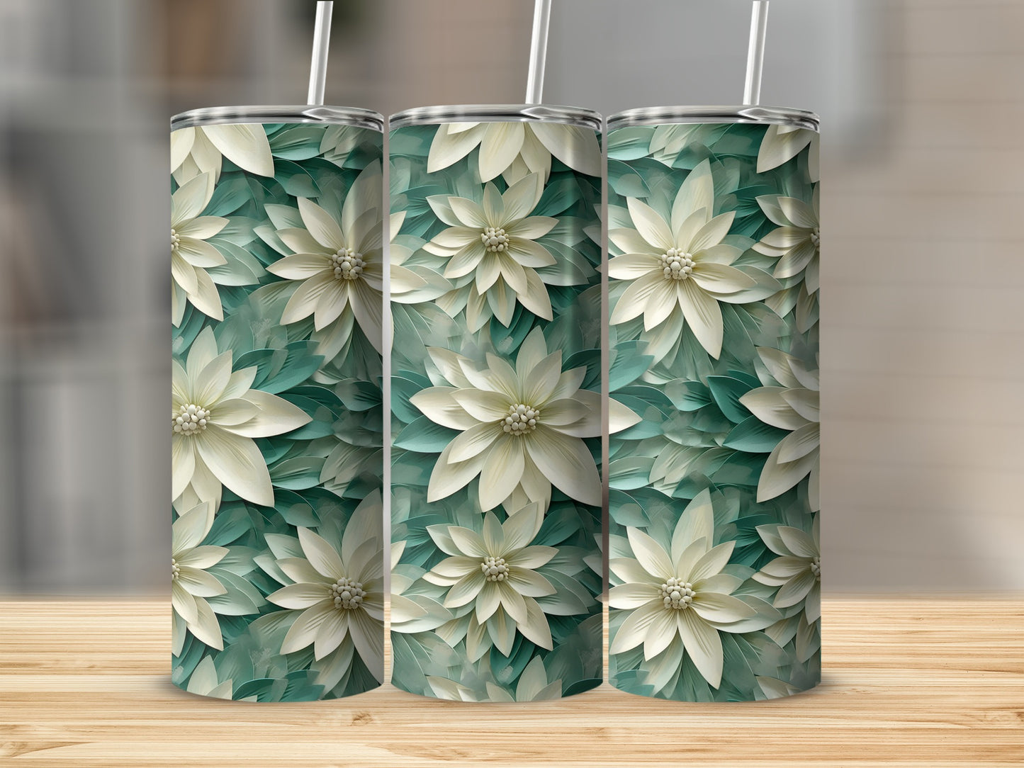 Floral Green and Cream Design Tumbler Cup