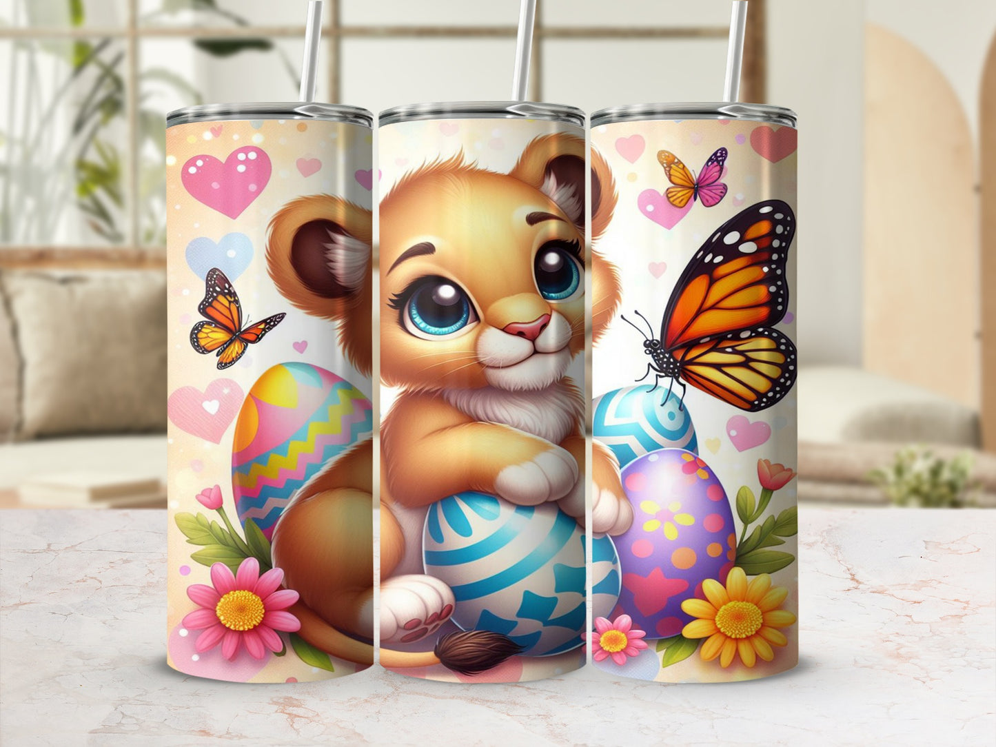 Cute baby lion with Easter eggs and butterflies on a tumbler.