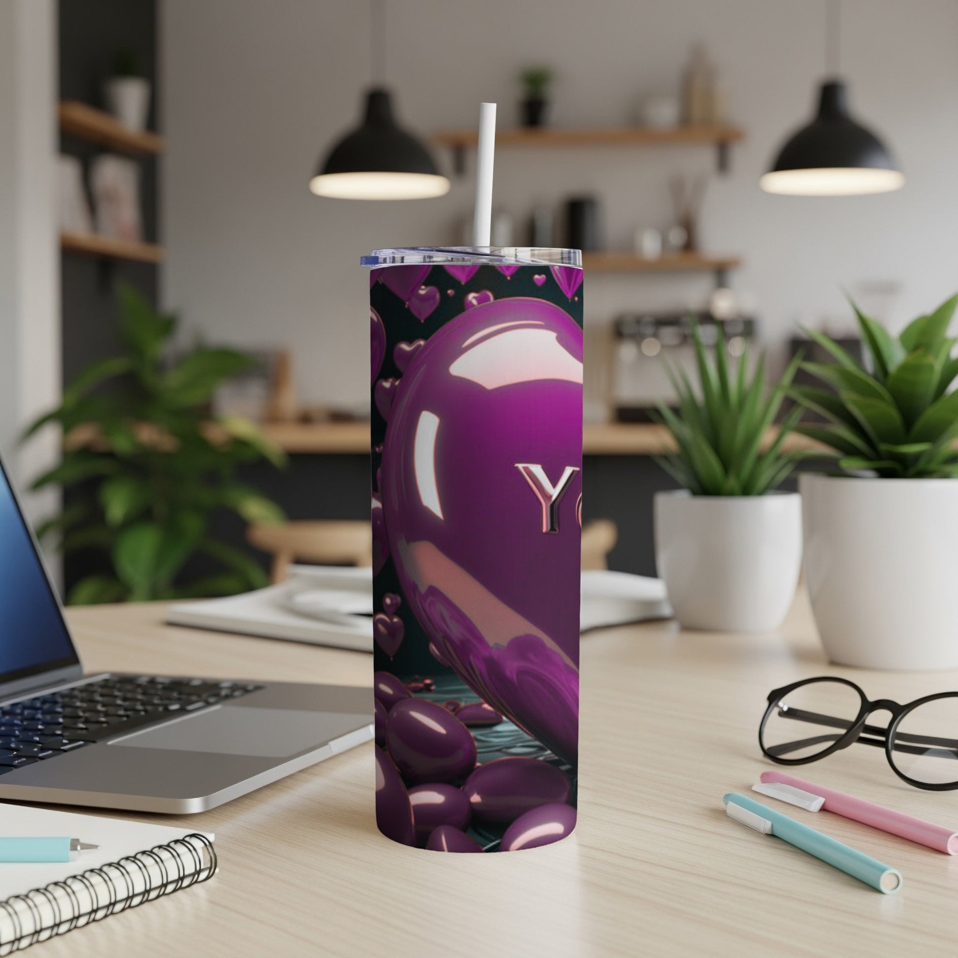 Purple tumbler with "You" in large letters, surrounded by small purple hearts.