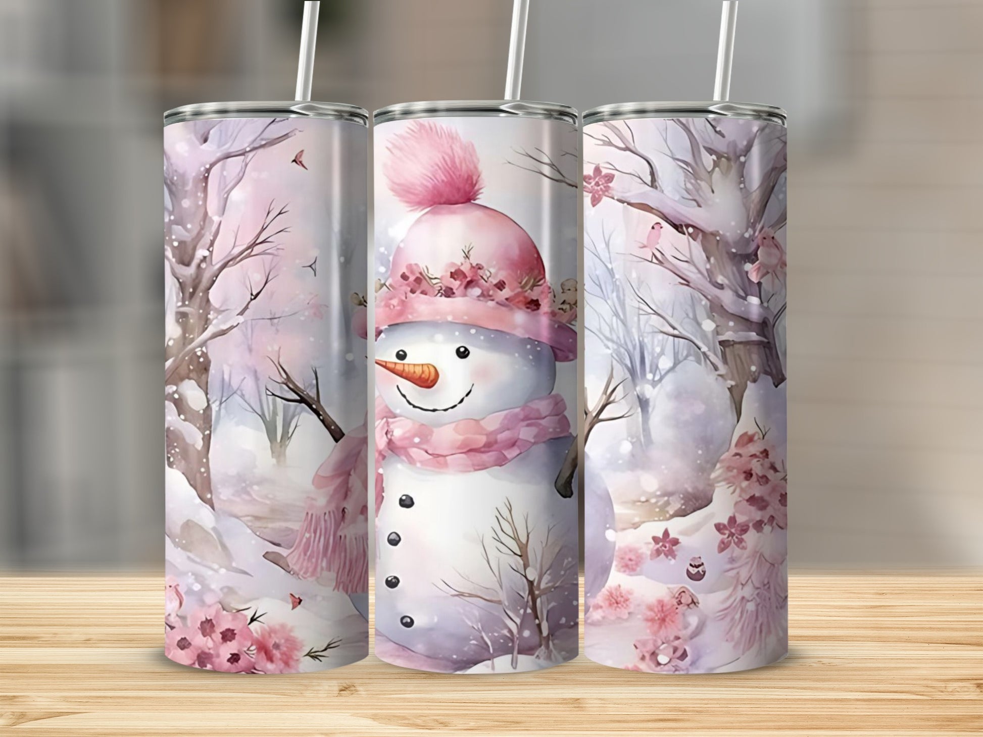 Pink Snowman Winter Scene Slim Tumbler Product