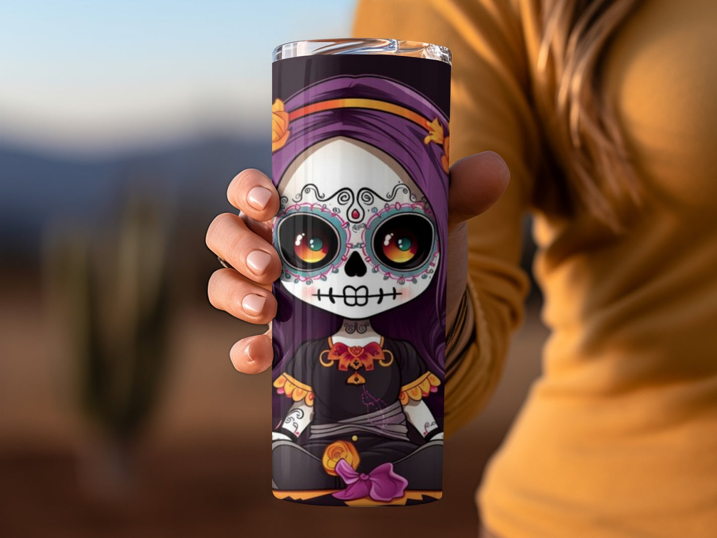 Cute Sugar Skull Day of the Dead Tumbler with Purple Hair