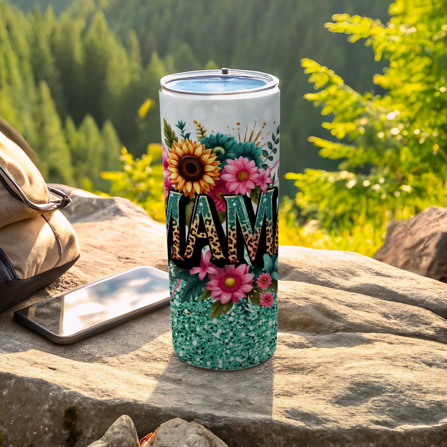 Vibrant Floral Mama Tumbler with Glitter Design