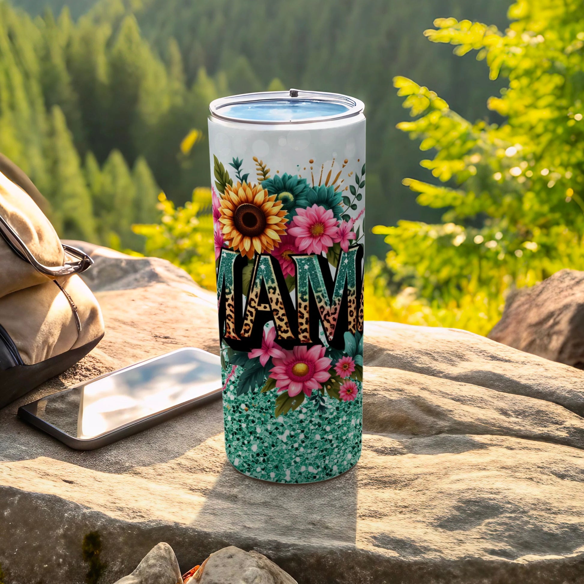 Vibrant Floral Mama Tumbler with Glitter Design