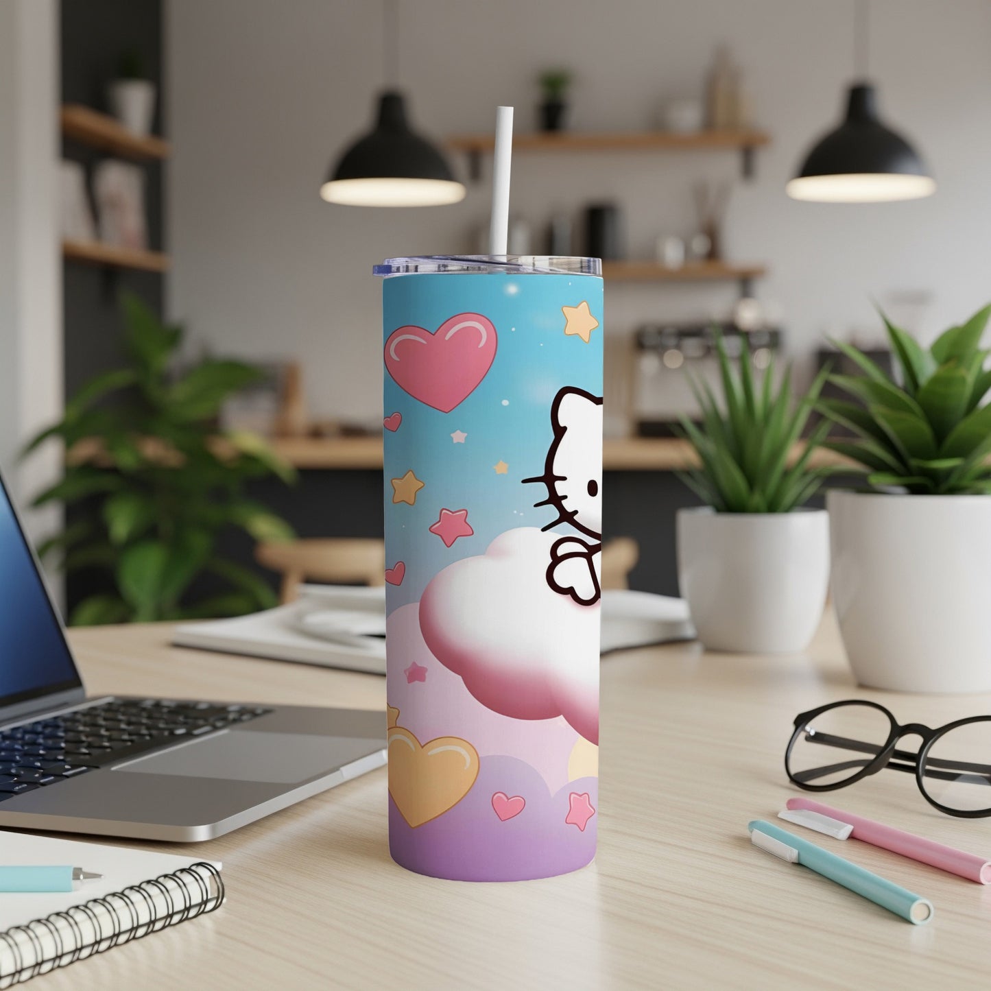 Hello Kitty on a cloud with hearts and stars, on a pink and blue tumbler.