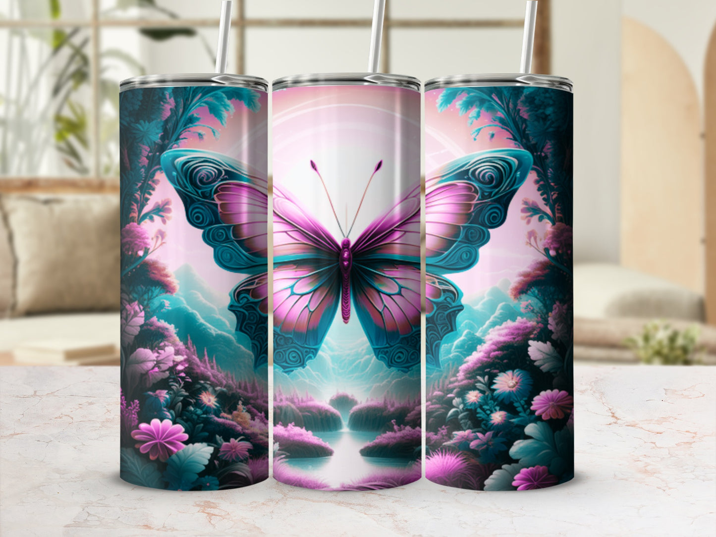 Butterfly on a vibrant, fantasy landscape with mountains and pink flowers.