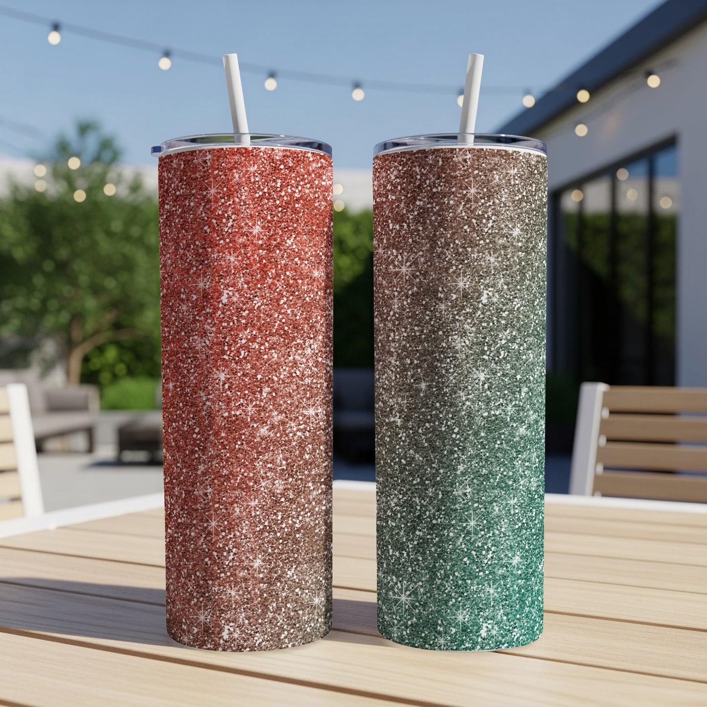 Two glitter tumblers, one red and one green gradient, with straws on a wooden table.