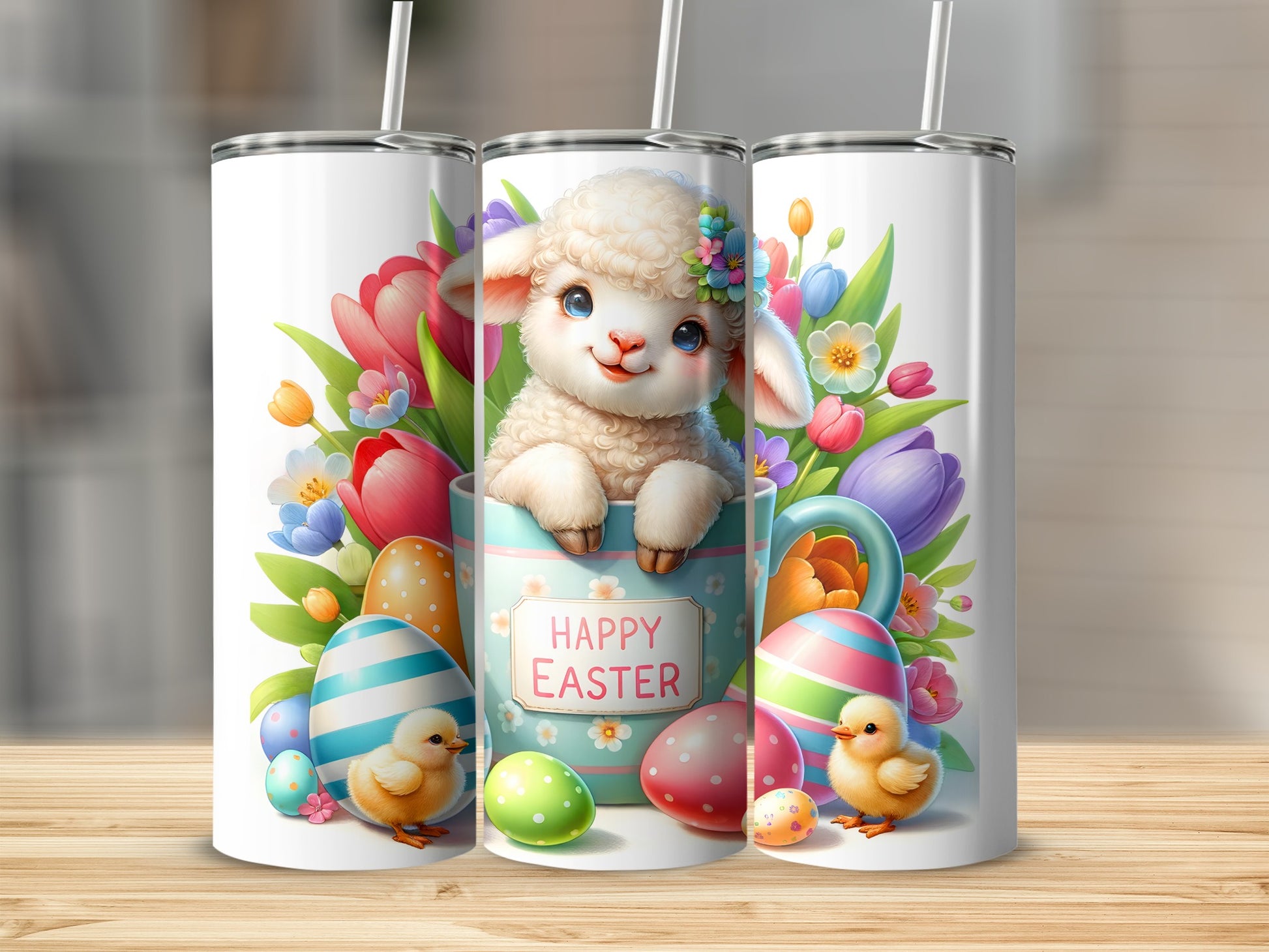 Easter tumbler with a baby sheep, chicks, and decorated eggs.