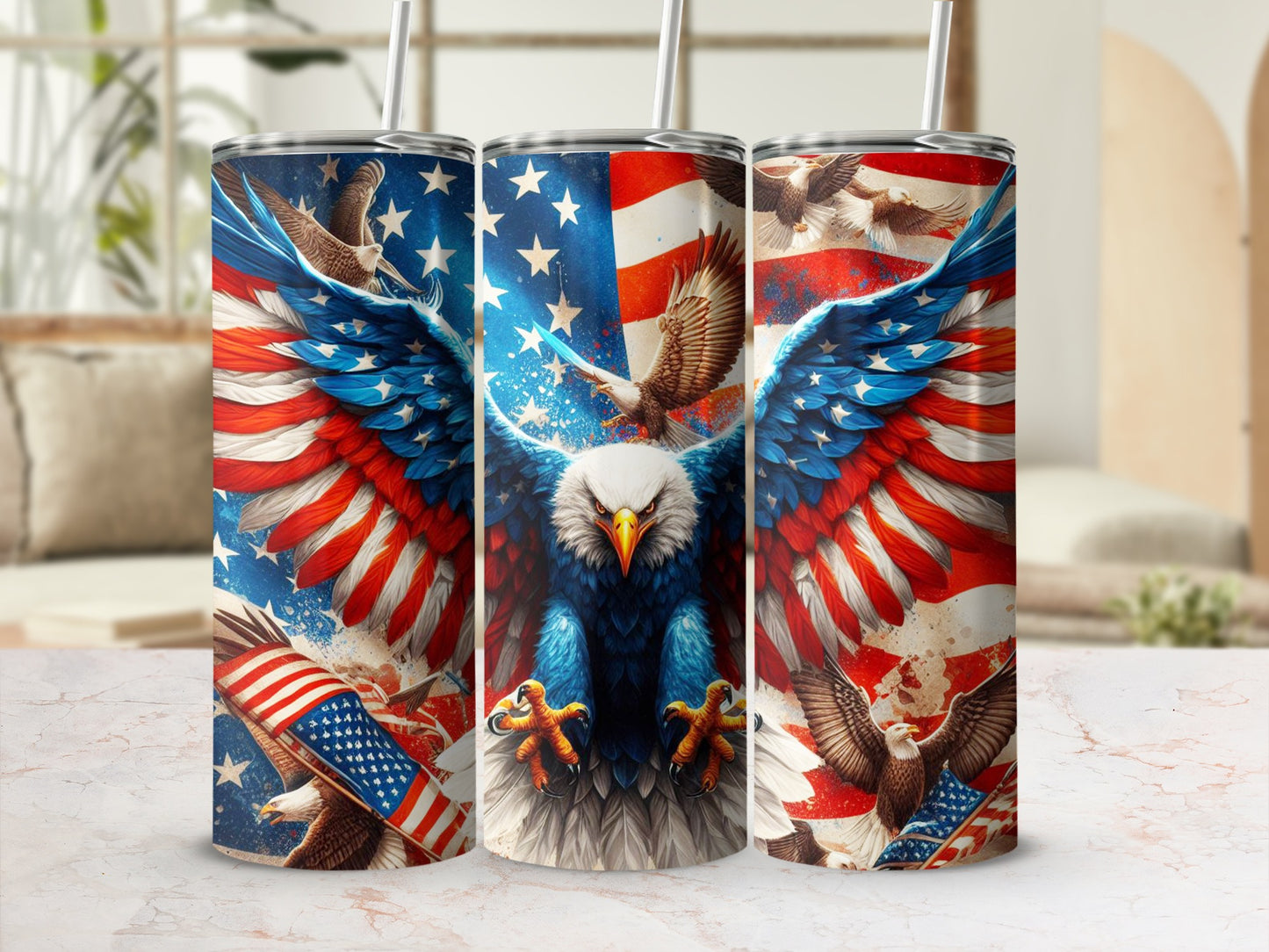 Three American flag-themed tumblers featuring bald eagles in flight.