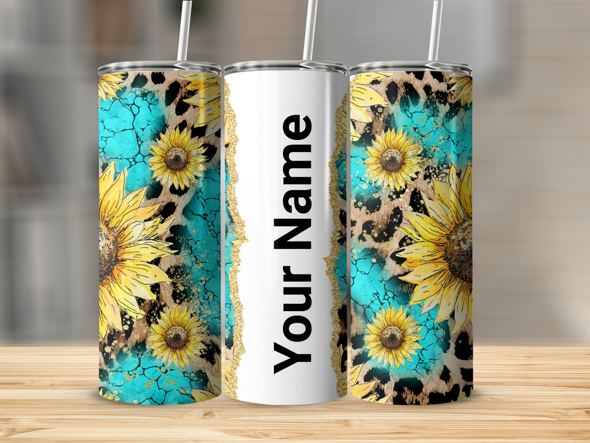 Personalized Sunflower and Leopard Print Tumbler