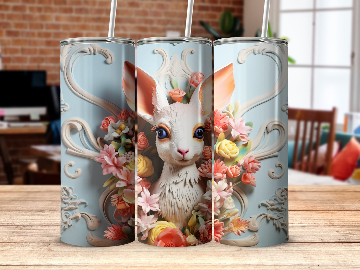 Cute Bunny With Floral Background Tumbler Design