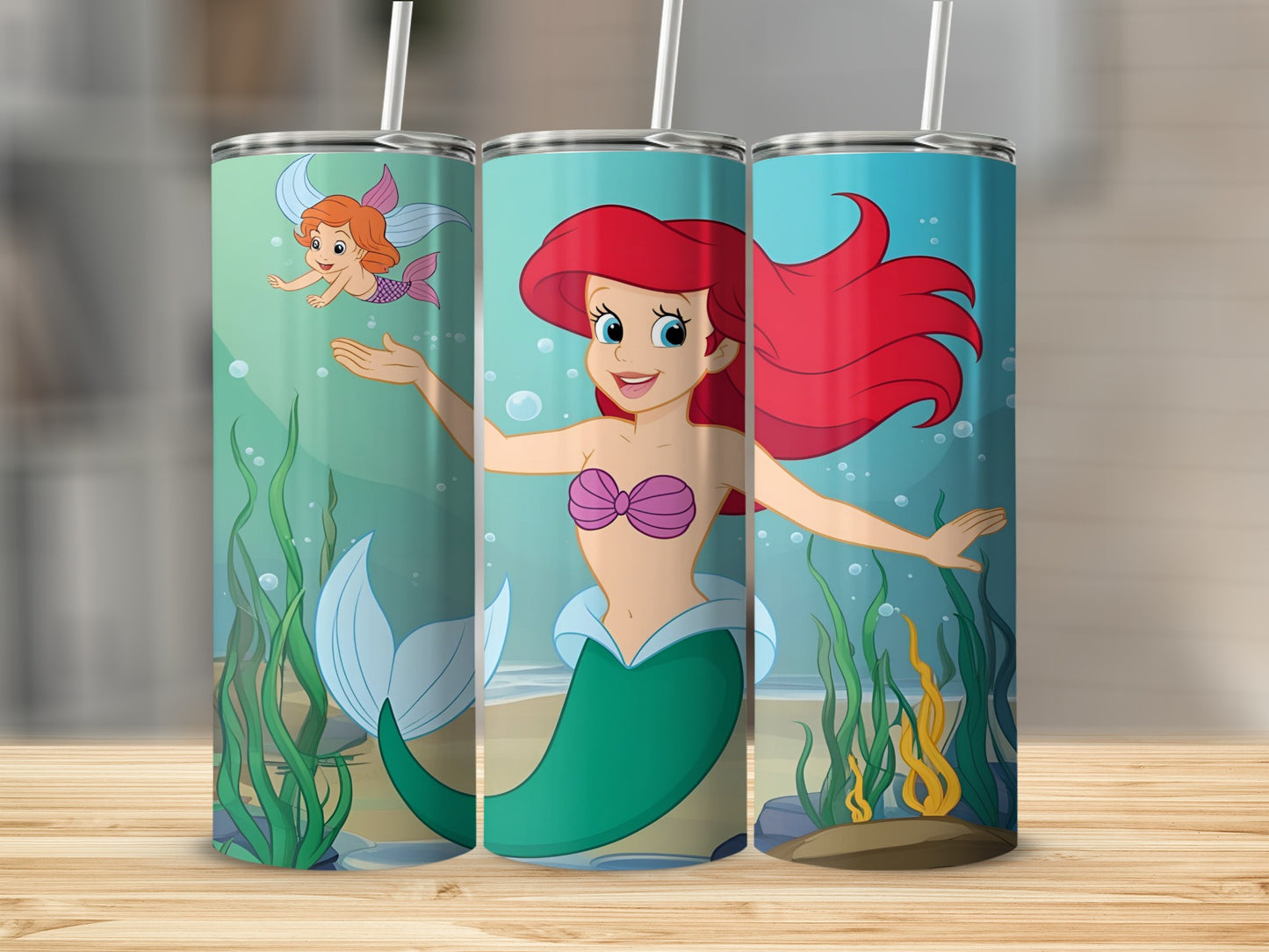Ariel from The Little Mermaid on a tumbler with Flounder and underwater plants.