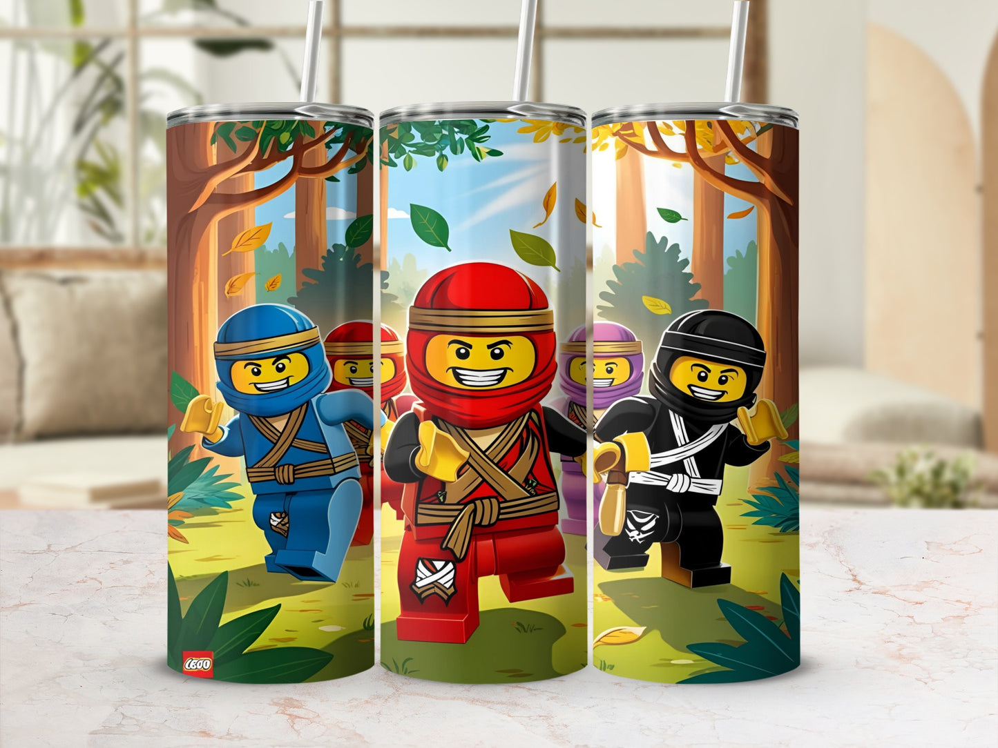 Three Ninjago characters on a tumbler cup with a forest background.