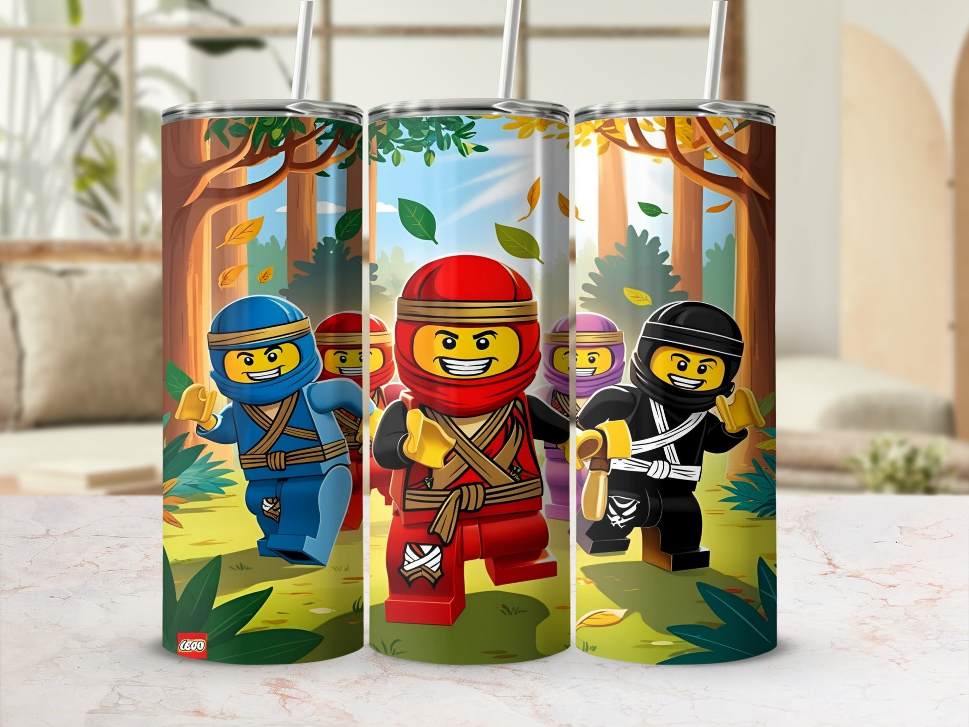 Three Ninjago characters on a tumbler cup with a forest background.