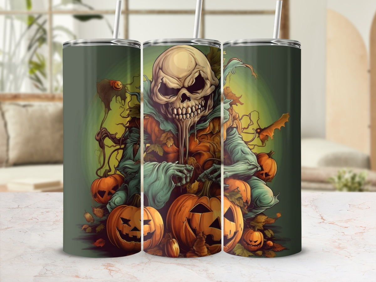 Tumbler featuring a creepy skull figure with pumpkins and autumn leaves.