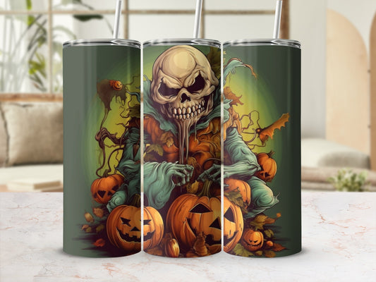Tumbler featuring a creepy skull figure with pumpkins and autumn leaves.