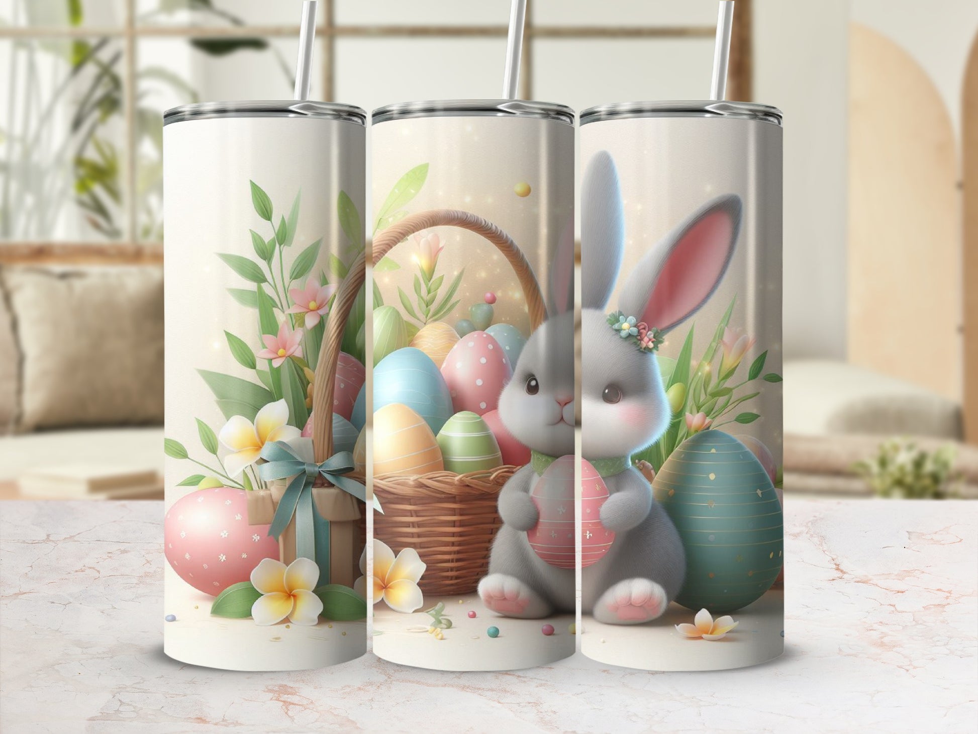 Easter bunny with basket and colorful eggs.