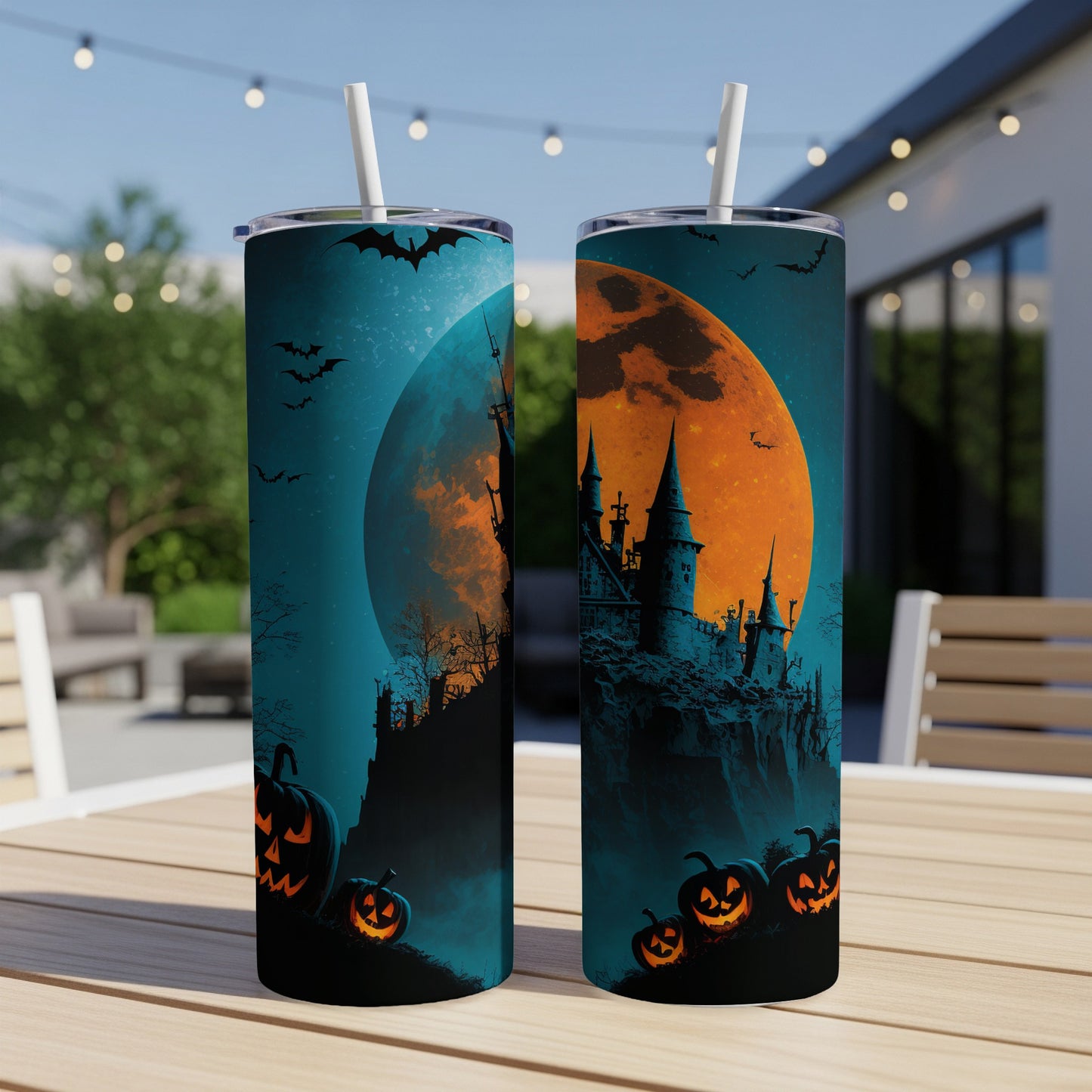 Halloween tumblers with spooky castle, full moon, bats, and jack-o'-lanterns.