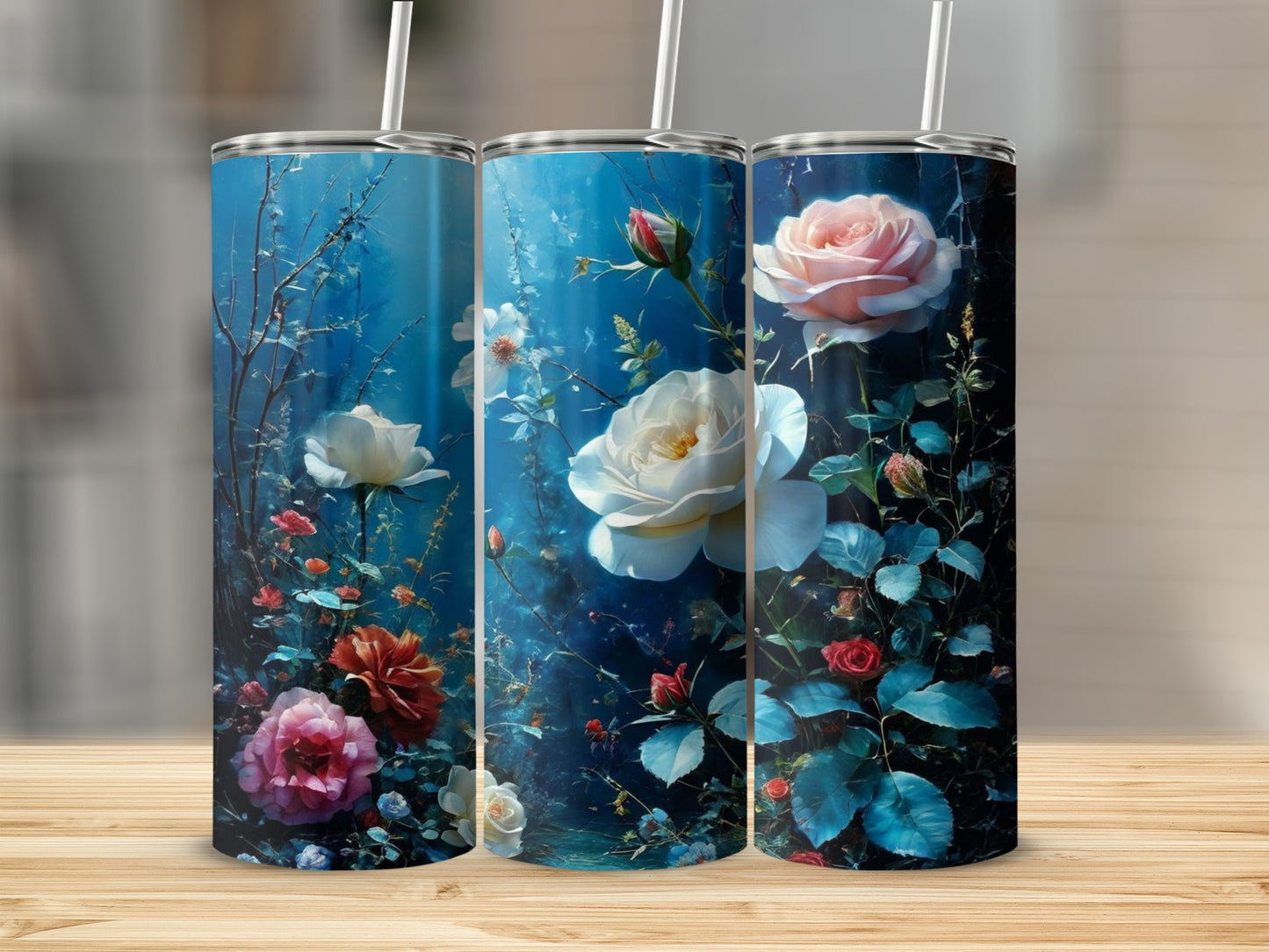 Floral design with white and pink roses against a dark blue background.