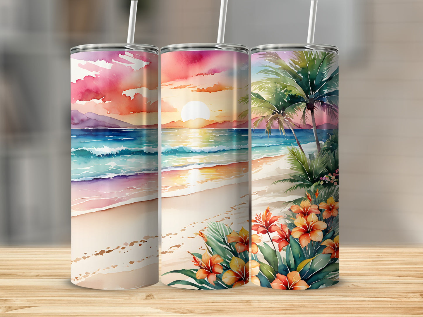 Beach sunset scene with palm trees and tropical flowers on three tumblers.