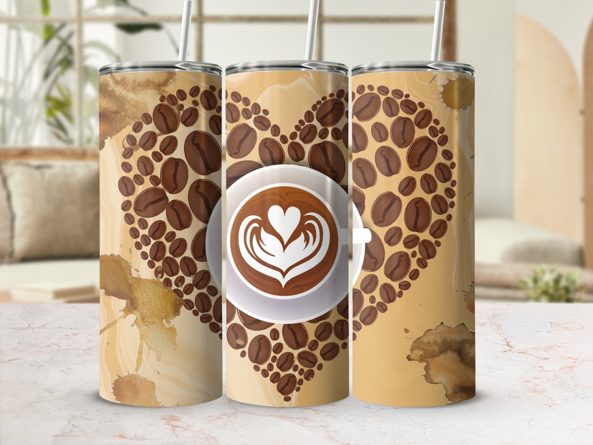Coffee Bean Heart Design Insulated Tumbler Cup