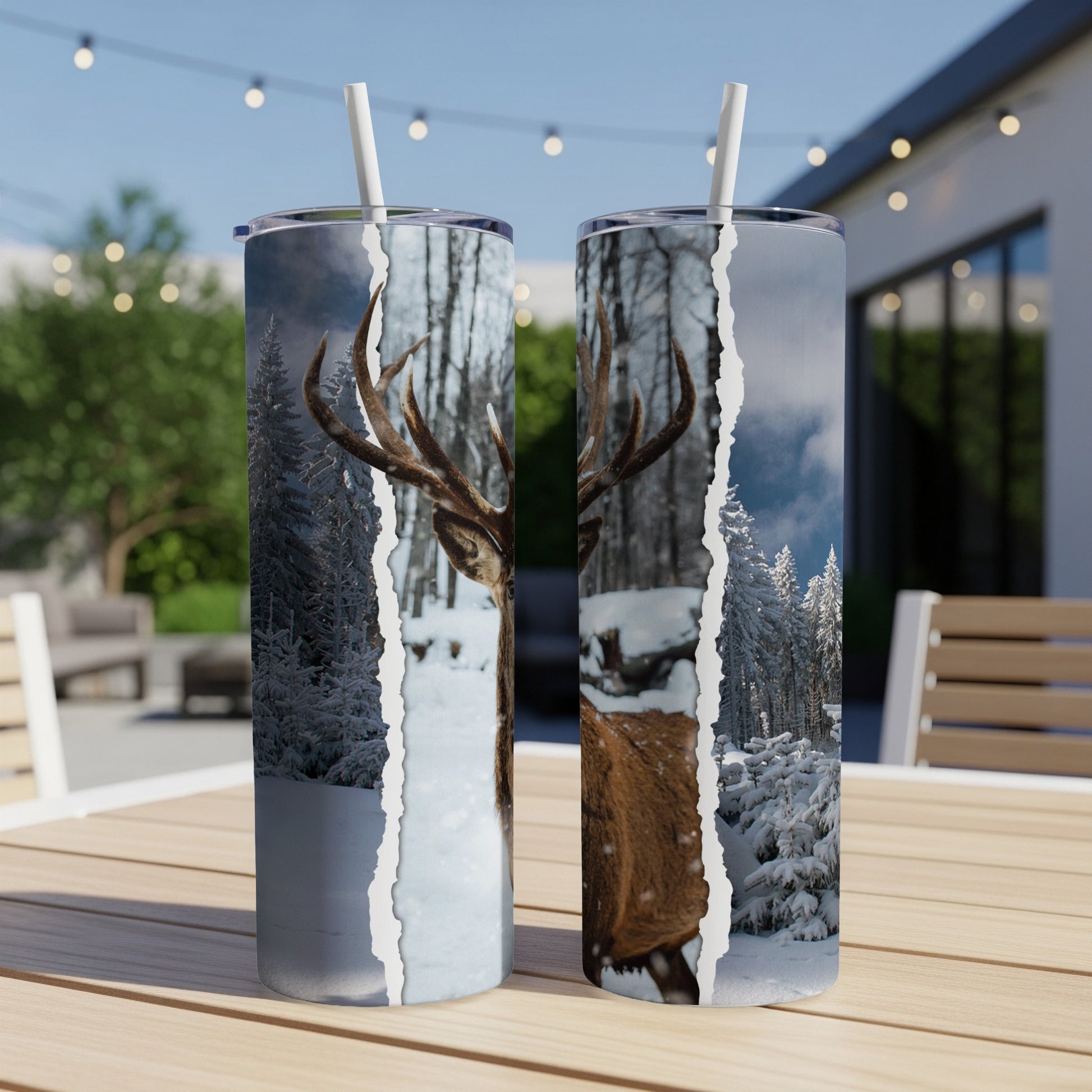 Two tumblers with torn images of a deer and snowy forest scenes.