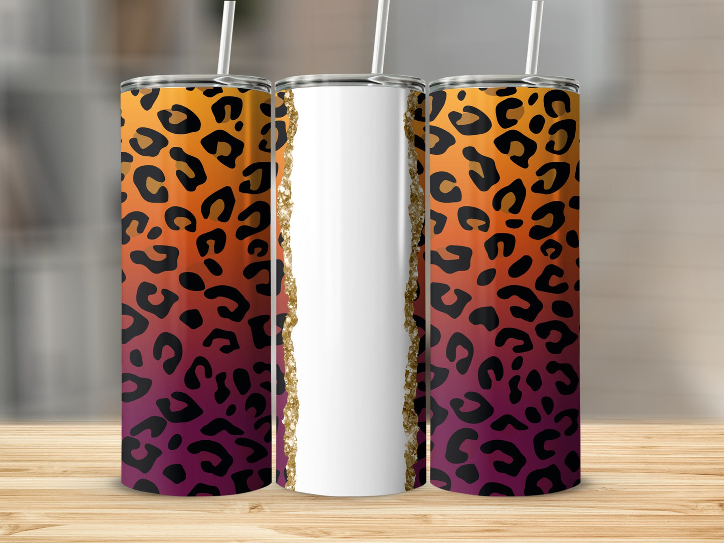 Three tumblers with leopard print and gradient colors.
