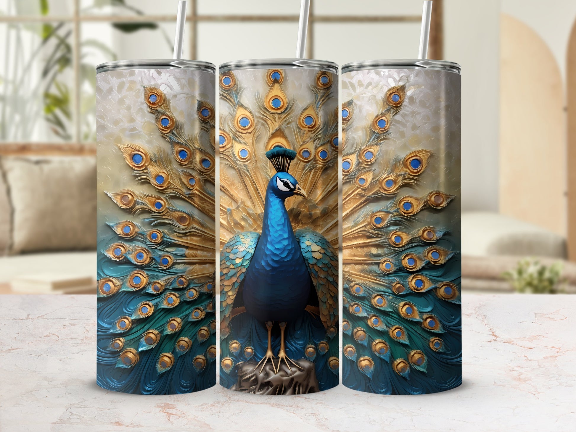 Tumbler with a detailed peacock feather design and gold accents.