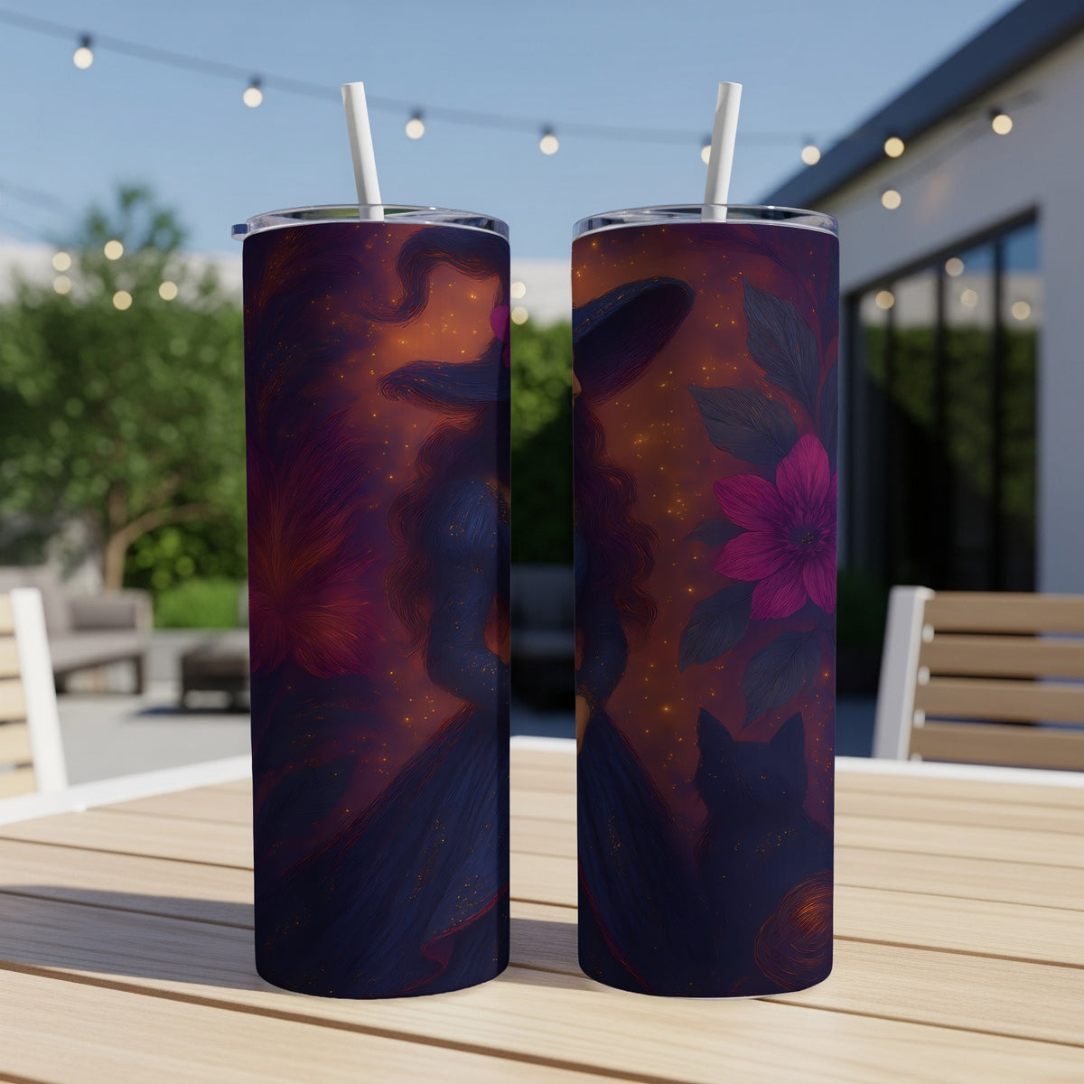 Two tumblers with a dark, mystical witch and cat design, surrounded by stars and flowers.