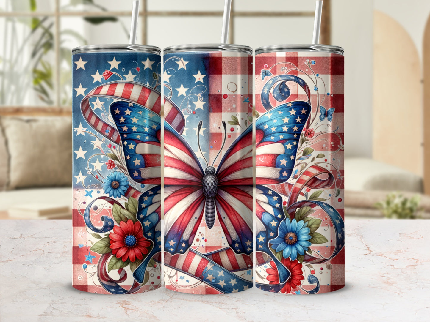 Red, white, and blue butterfly with stars and flowers on a patriotic tumbler.