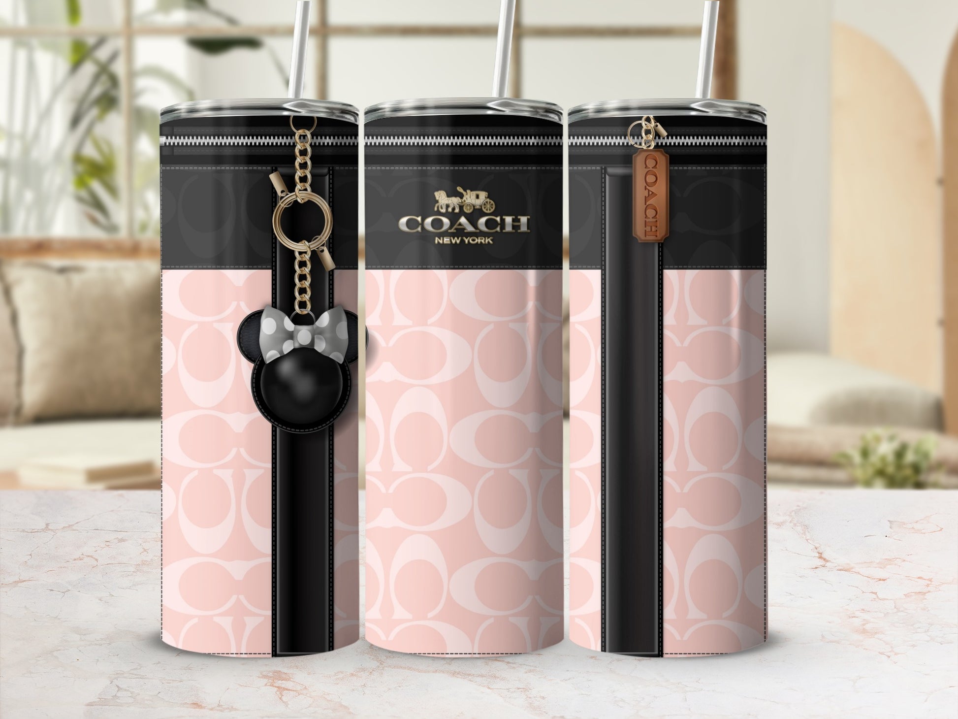Stylish Coach New York Pink Tumbler Cup With Keychain