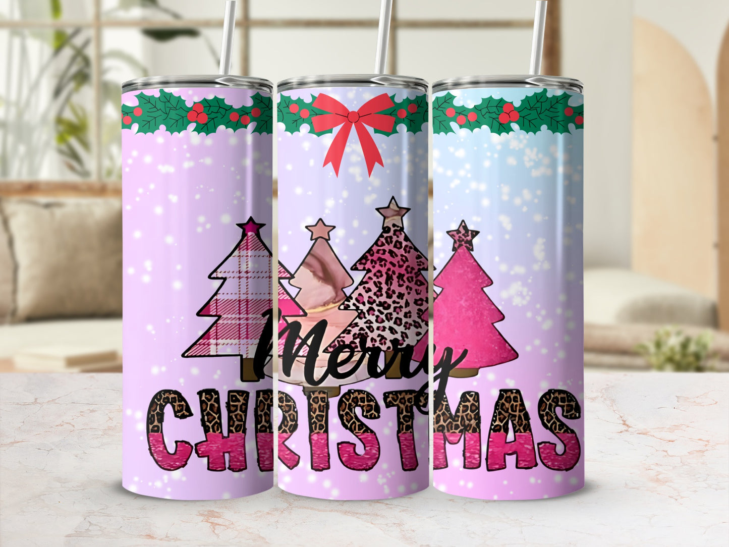 Merry Christmas Pink Christmas Tree Design Tumbler