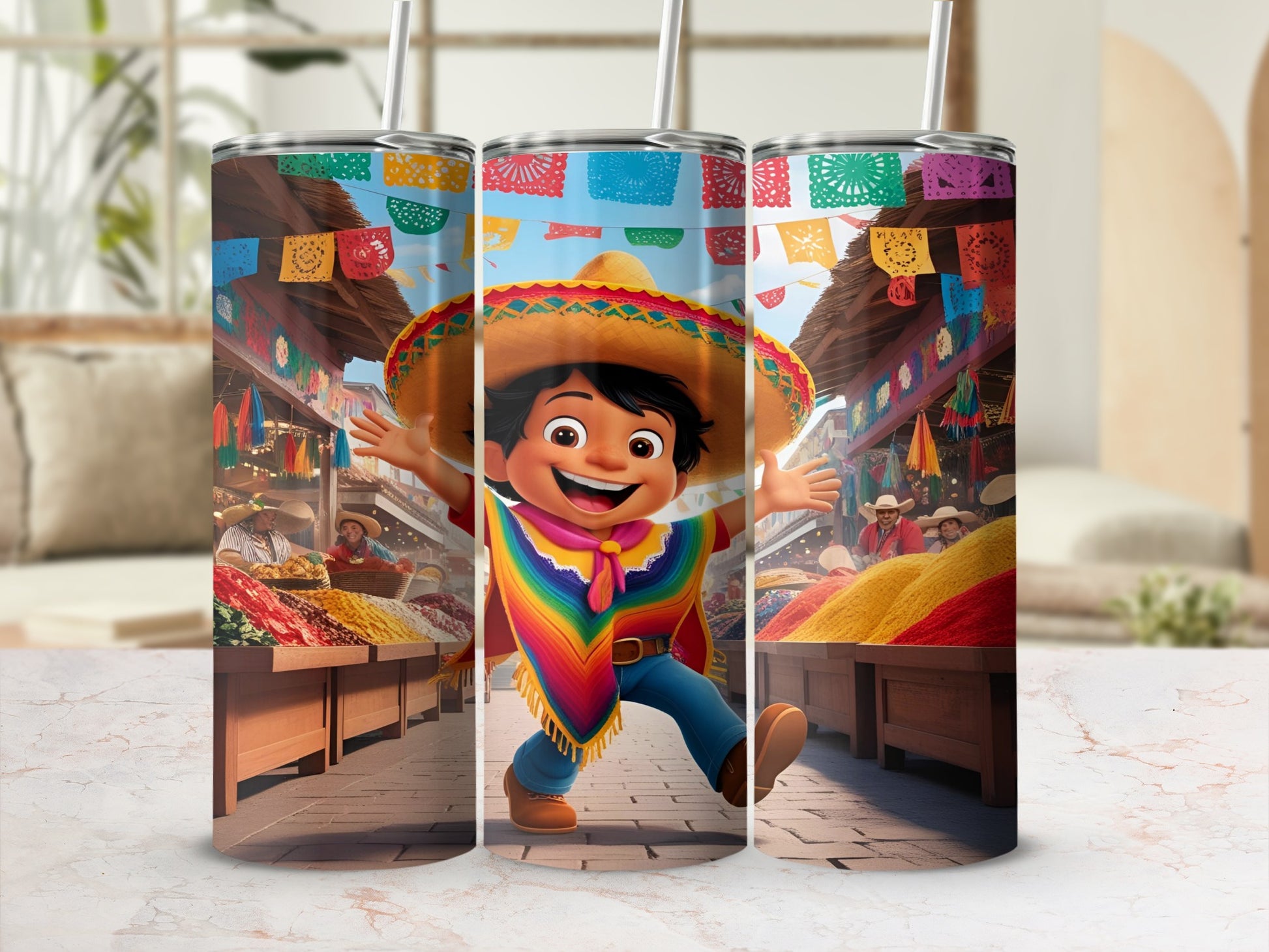 Three tumblers featuring a joyful boy in a sombrero and poncho at a colorful market.