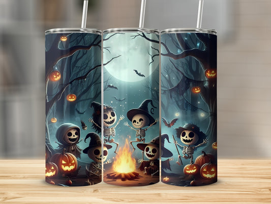 Spooky Halloween Skeletons and Pumpkins Tumbler Party