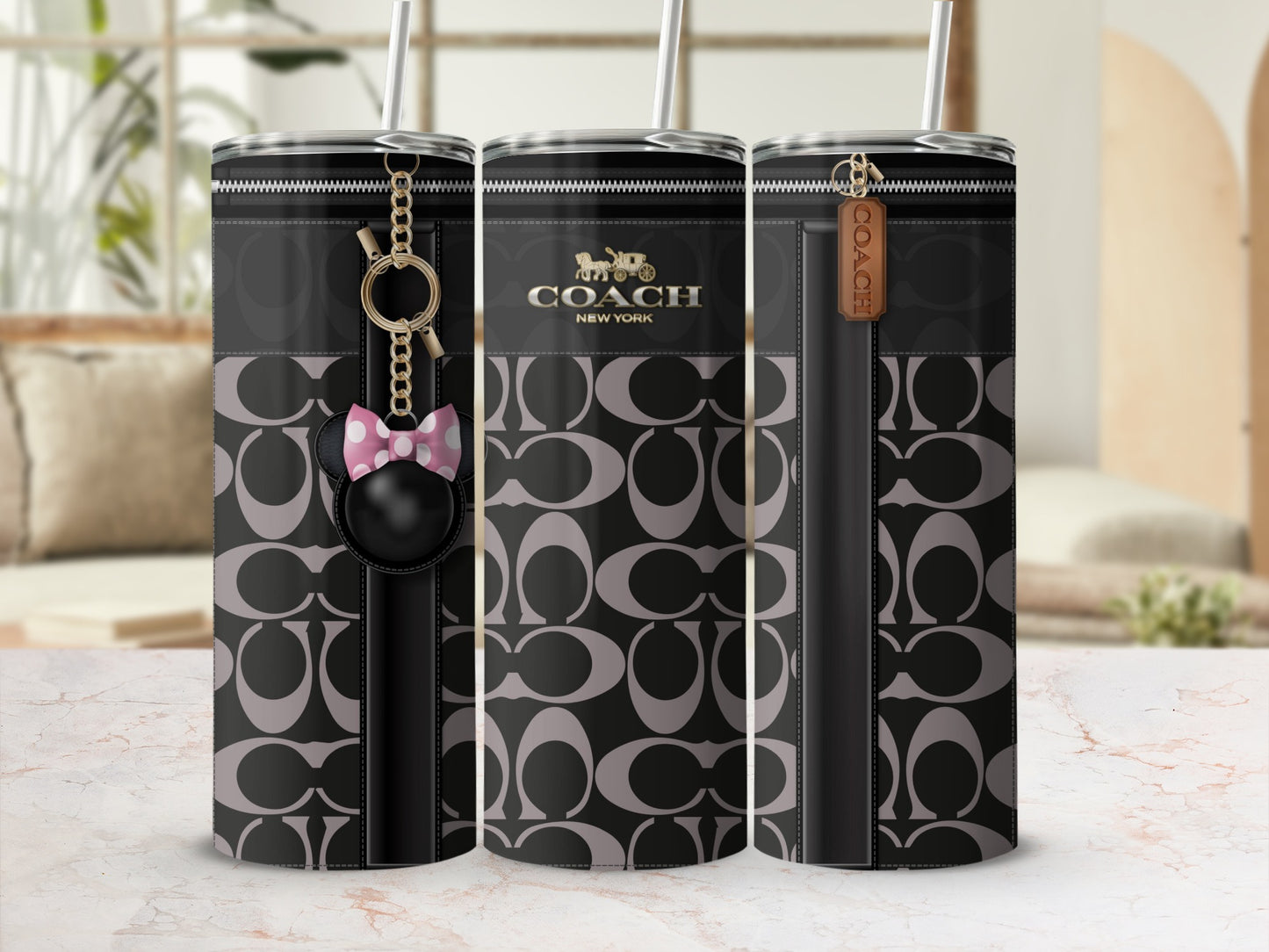 Stylish Coach New York Patterned Tumbler with Keychains