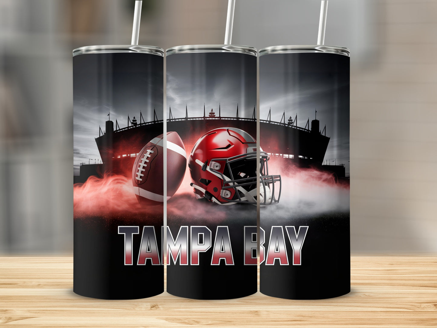 Tampa Bay football helmet and ball with stadium in background.