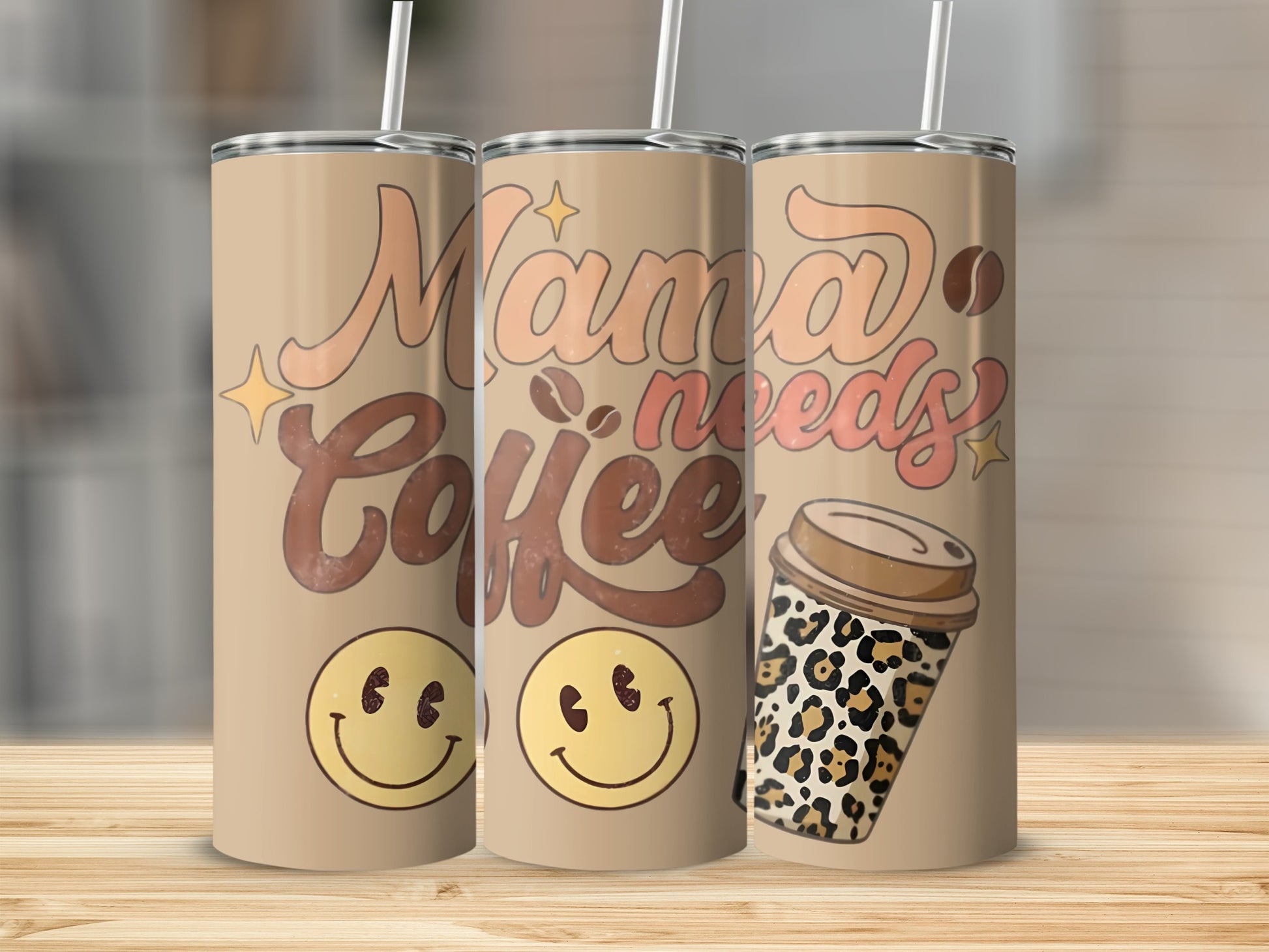 Mama Needs Coffee Smiley Leopard Print Tumbler