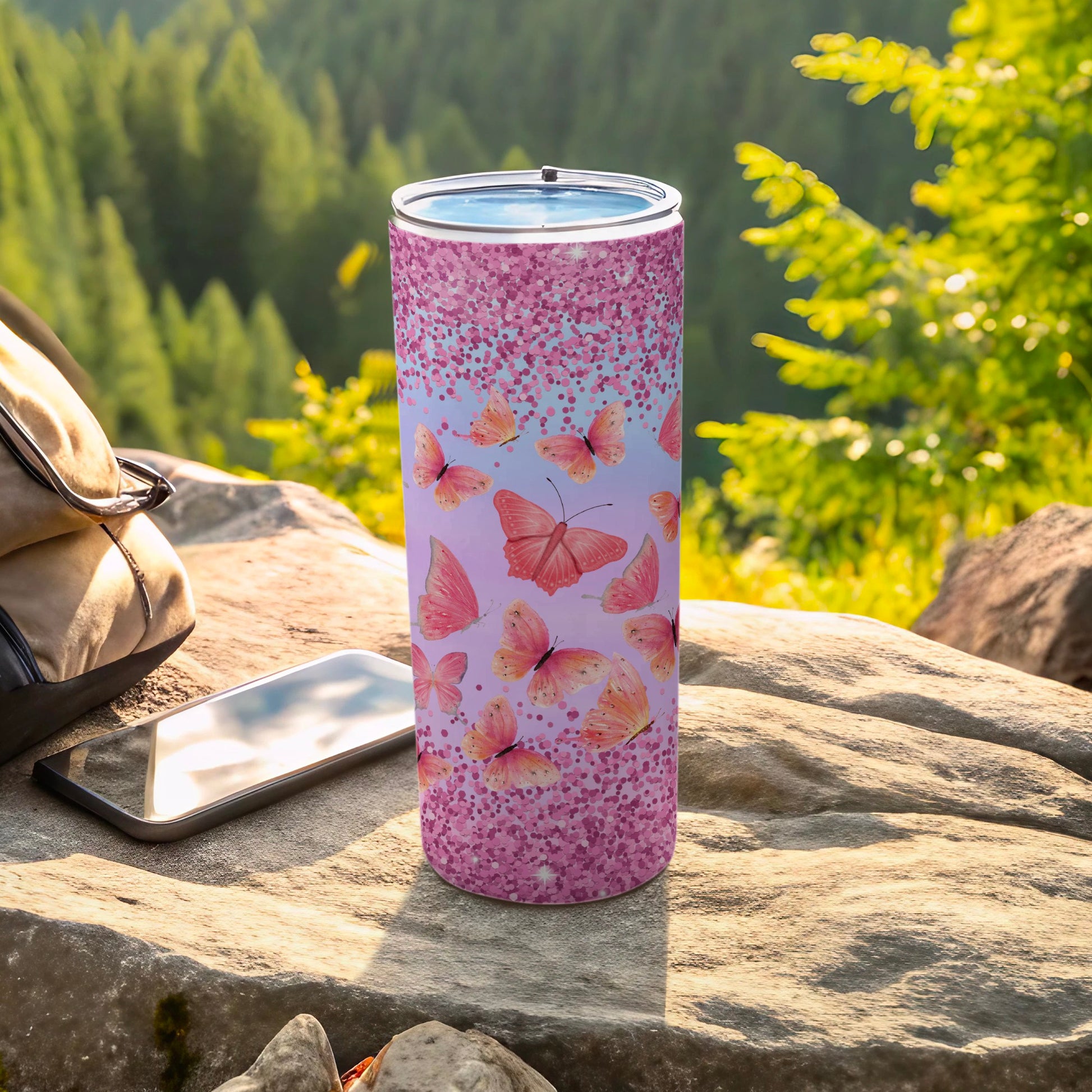Pink Butterfly Patterned Insulated Tumbler 20 oz