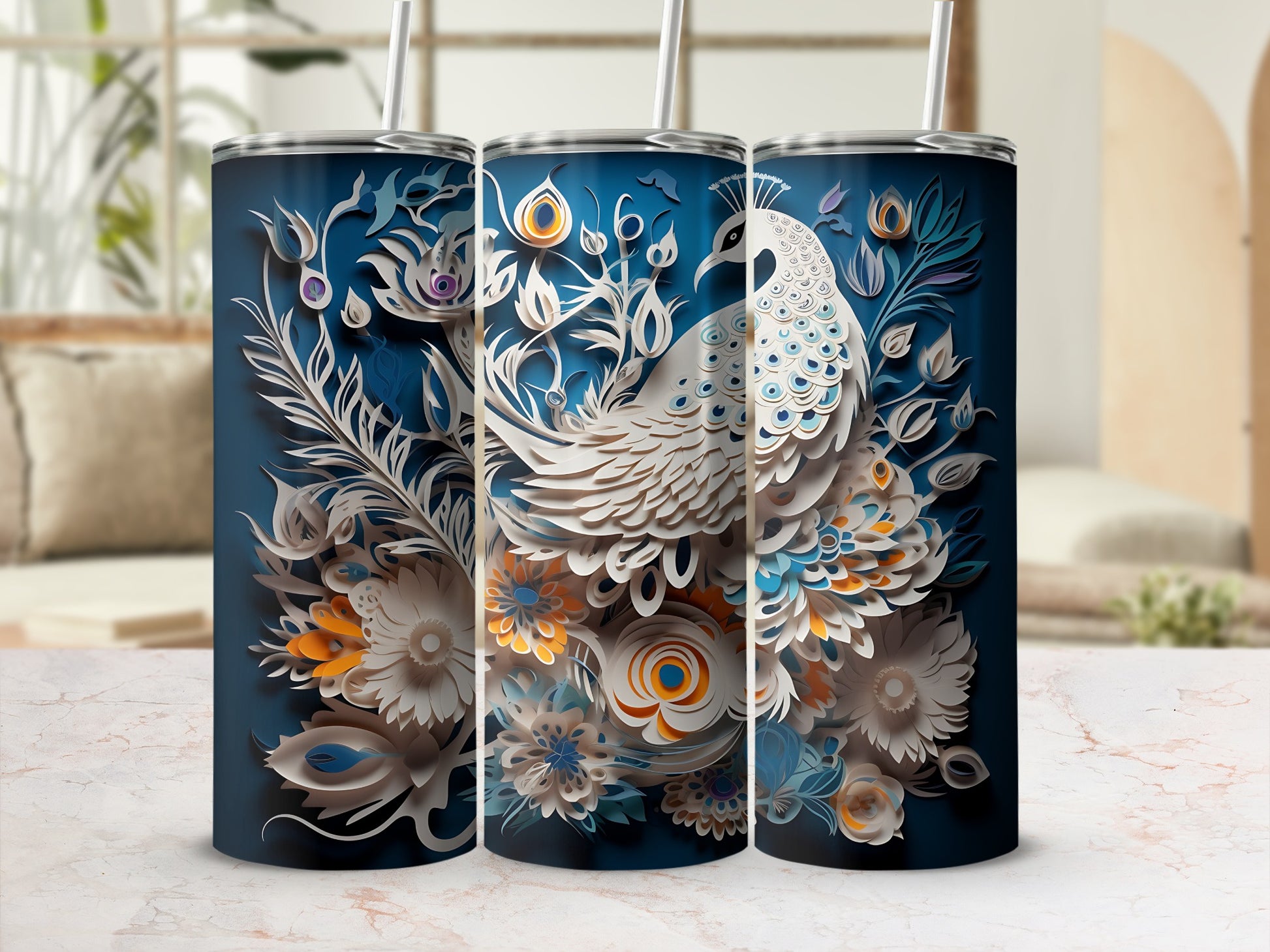 Dark blue tumbler with intricate white and orange peacock floral design.